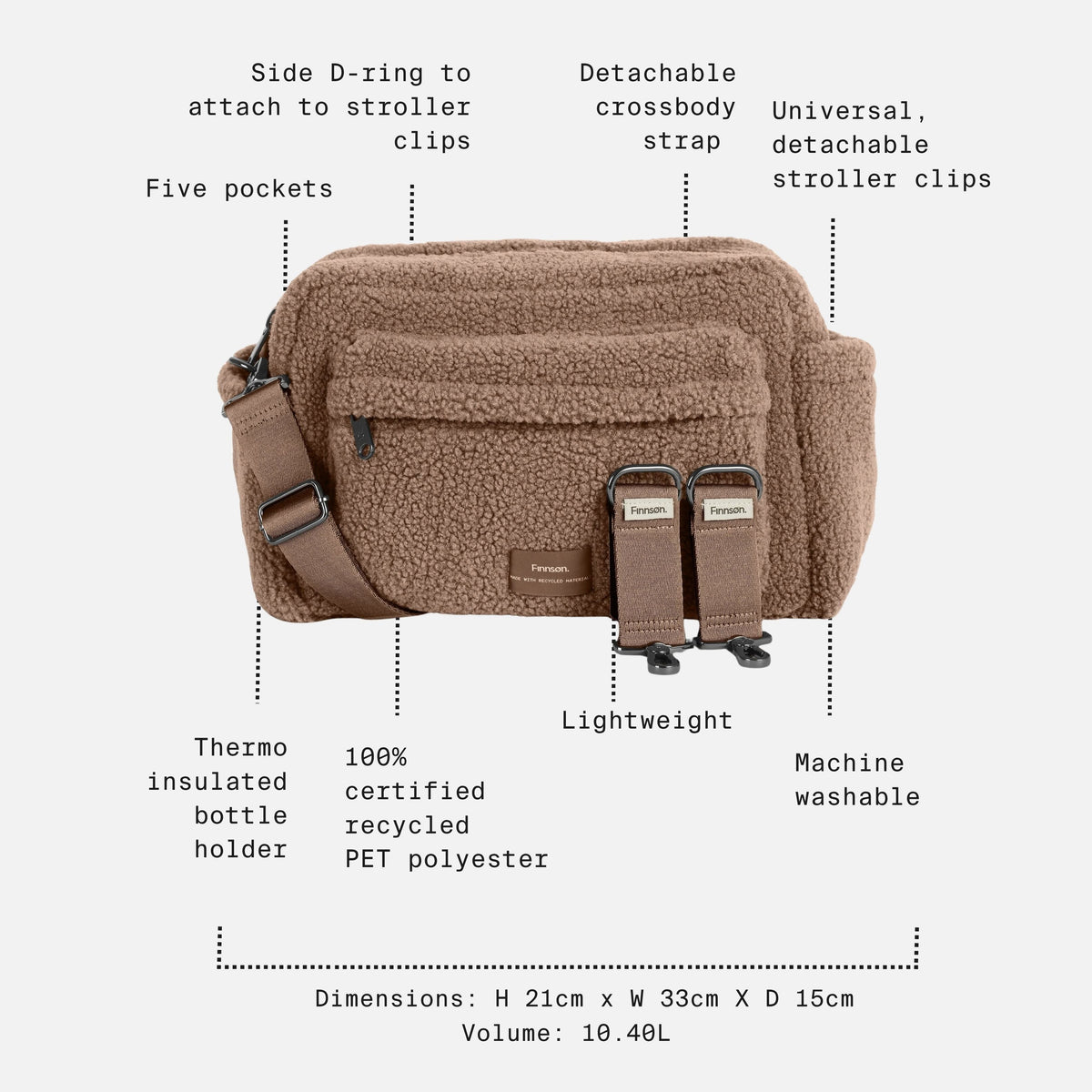 Finnsøn FREYA Eco Oversized Stroller Organiser with Clips - Mocha Borg