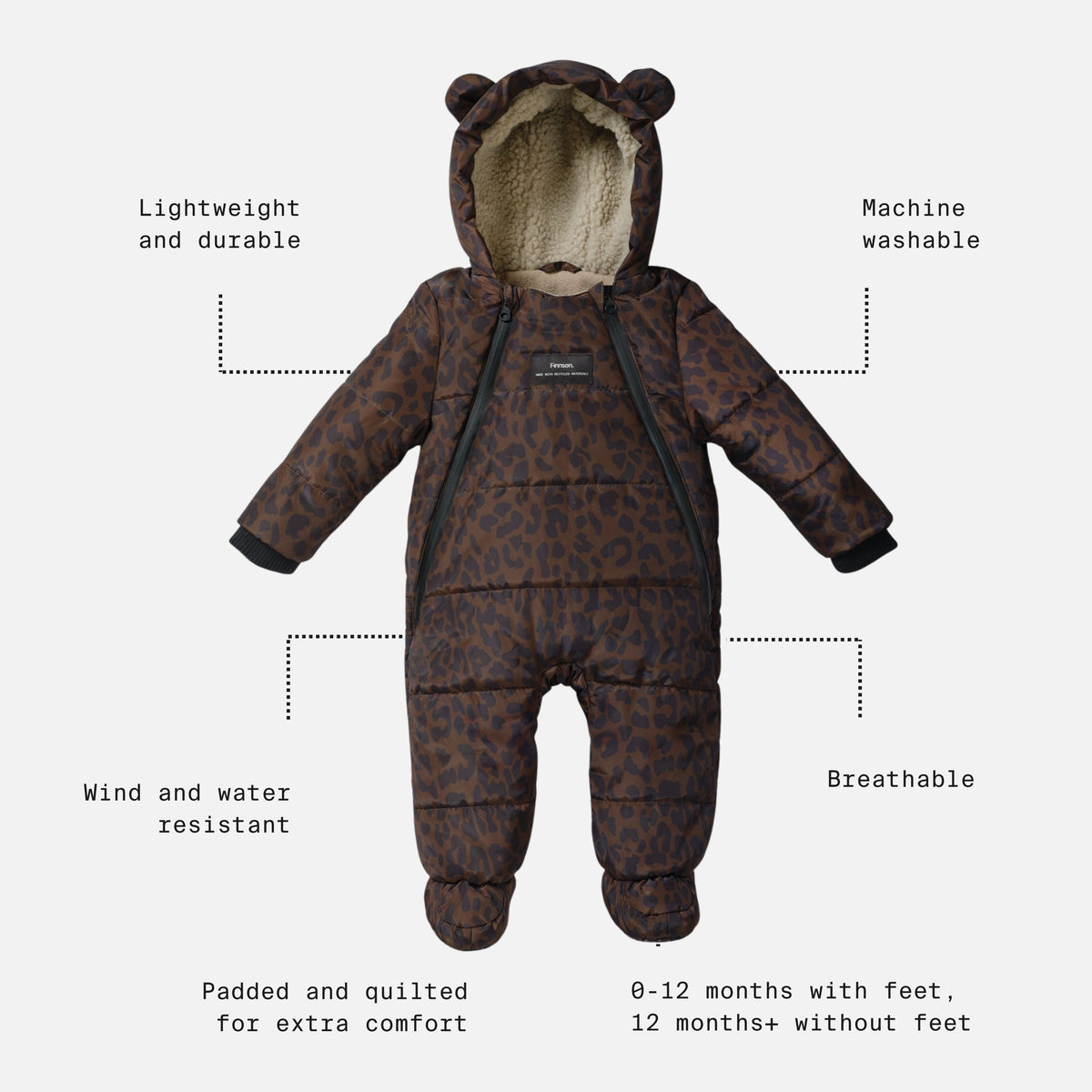 Finnsøn ANDERS Eco Snowsuit - Chocolate Leopard (With Feet)