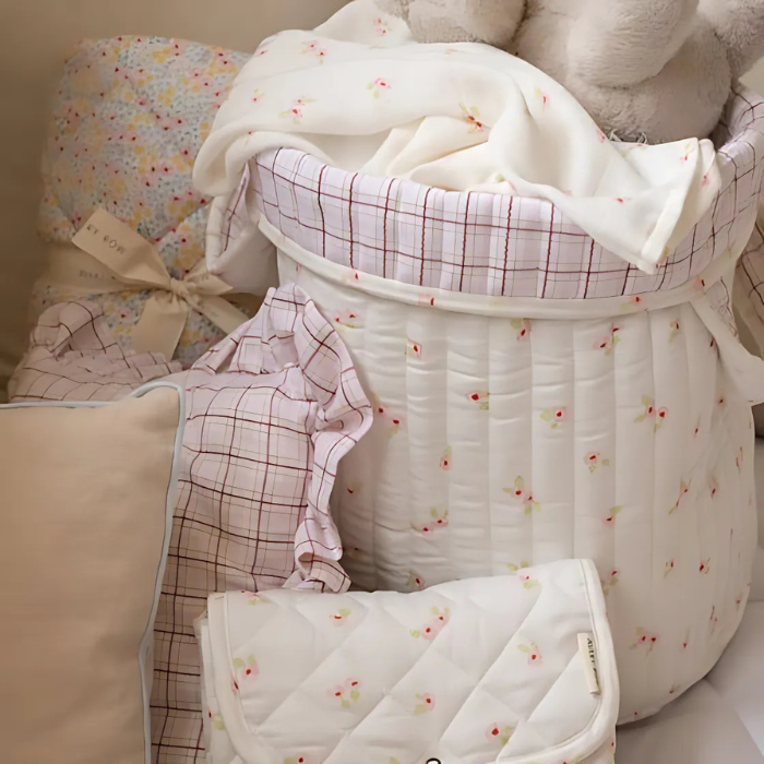 Avery Row Large Quilted Storage Basket - Anemone/Pink Check