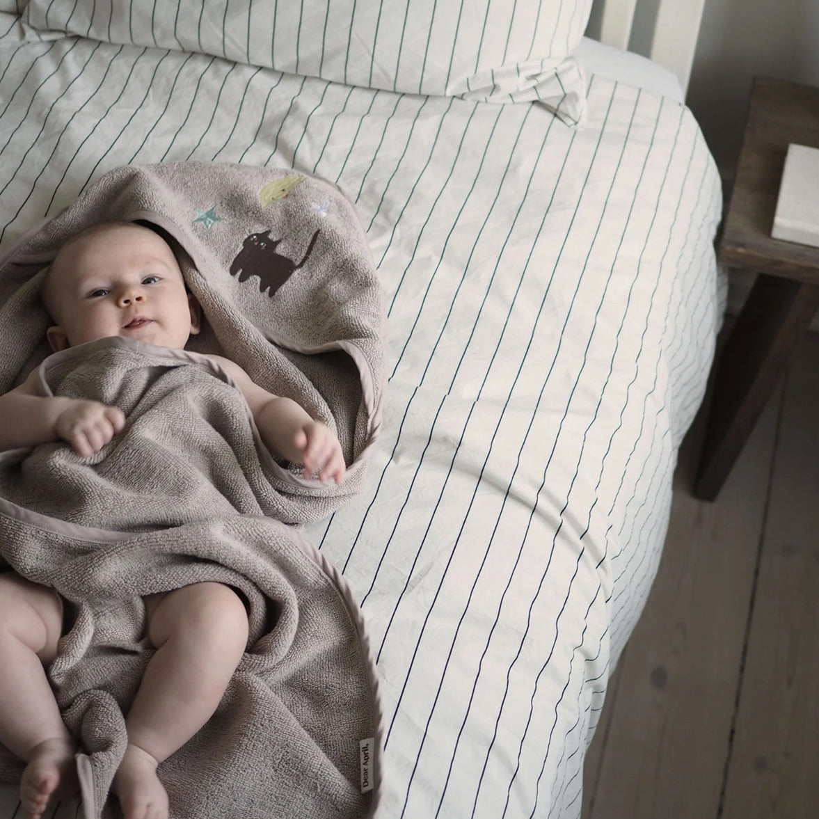 Dear April Petal Hooded Baby Towel - Embroidered Terry - Moon Cat