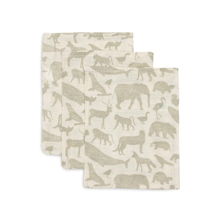 Jollein Organic Muslin Baby Washcloths - 3-Pack - Animals/Olive