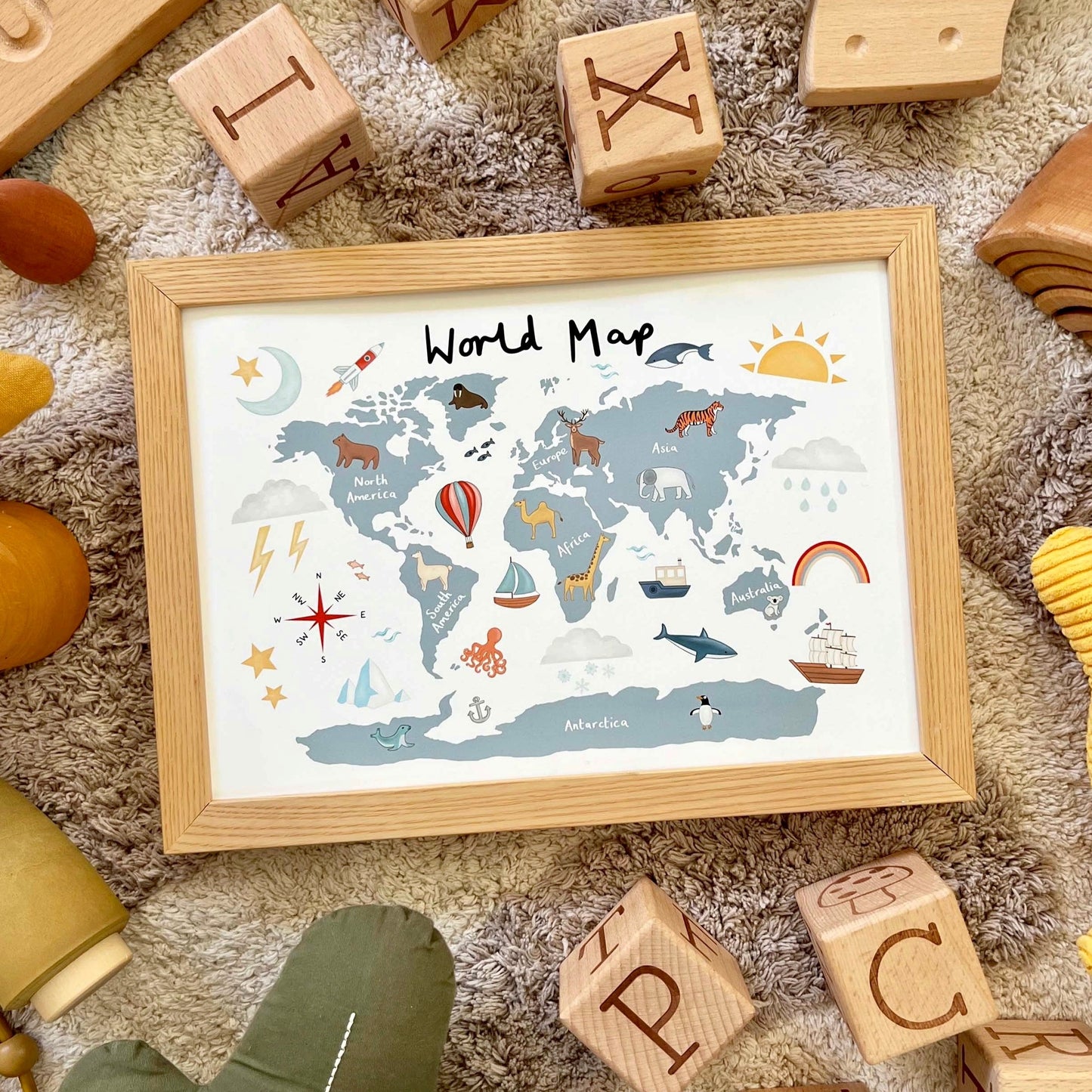 World Map Art Print In Blue by Kid of the Village (6 Sizes Available)