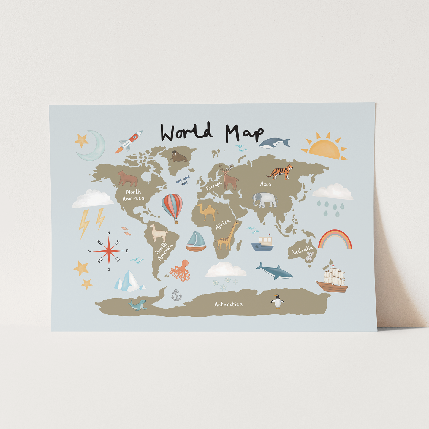 World Map Art Print In Khaki/Blue by Kid of the Village (6 Sizes Available)