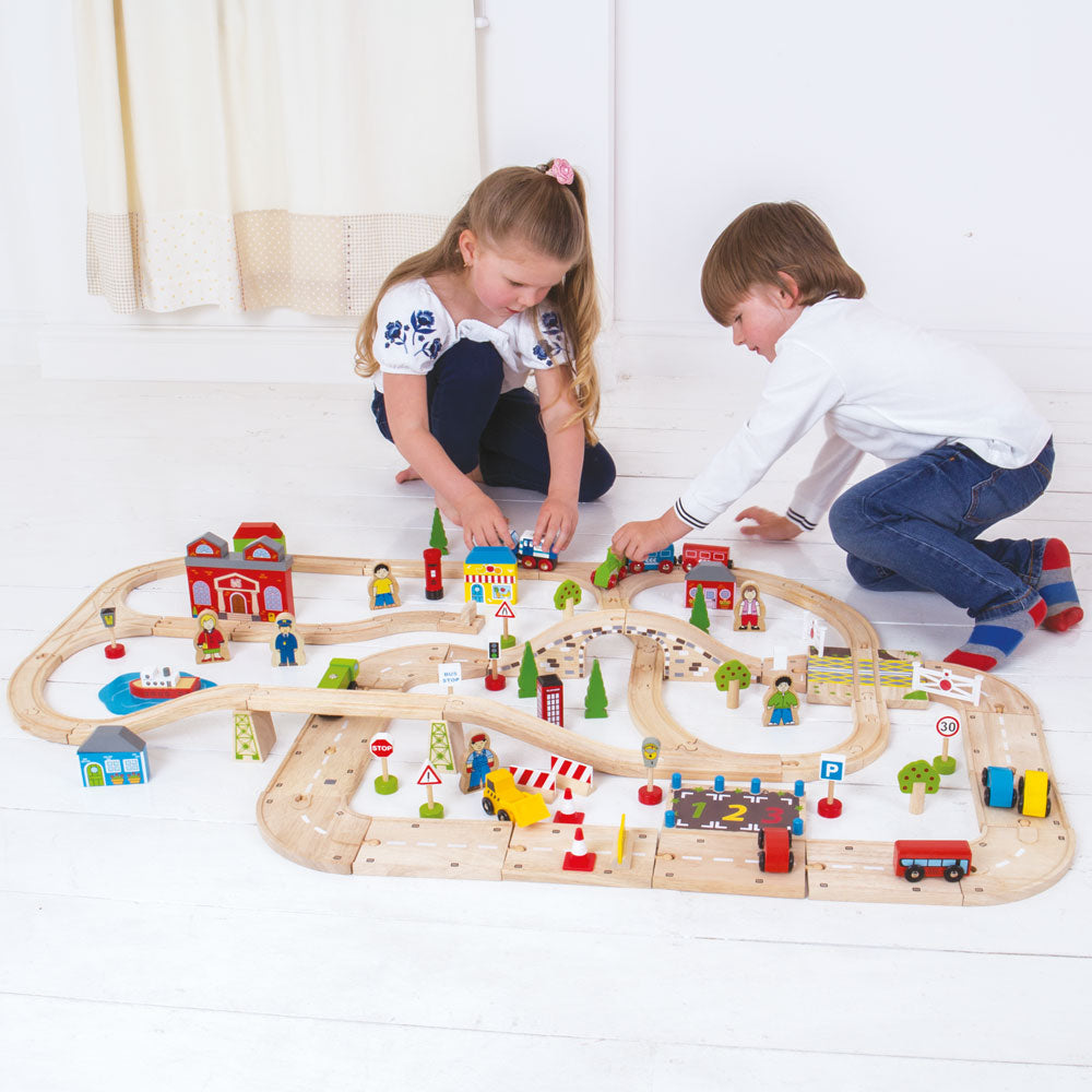 Bigjigs Rail Wooden City Road and Railway Set