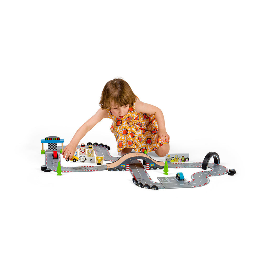 Bigjigs Wooden Roadway Race Day Playset