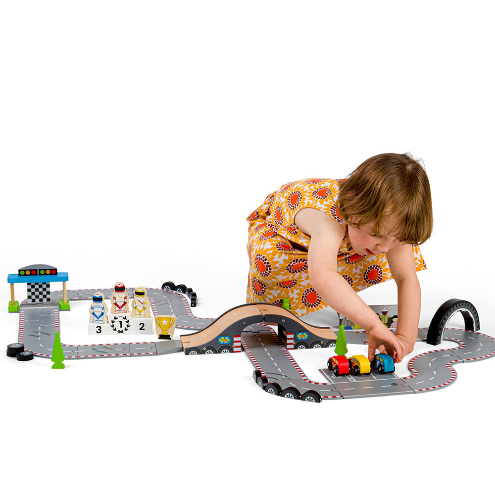 Bigjigs Wooden Roadway Race Day Playset