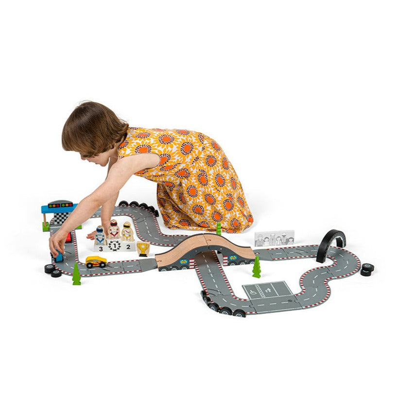 Bigjigs Wooden Roadway Race Day Playset