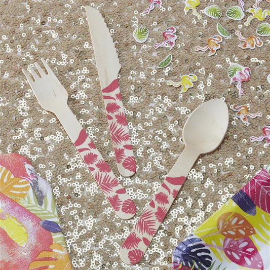 Wooden 18 Pce Cutlery Set - Pink Tropical By Ginger Ray