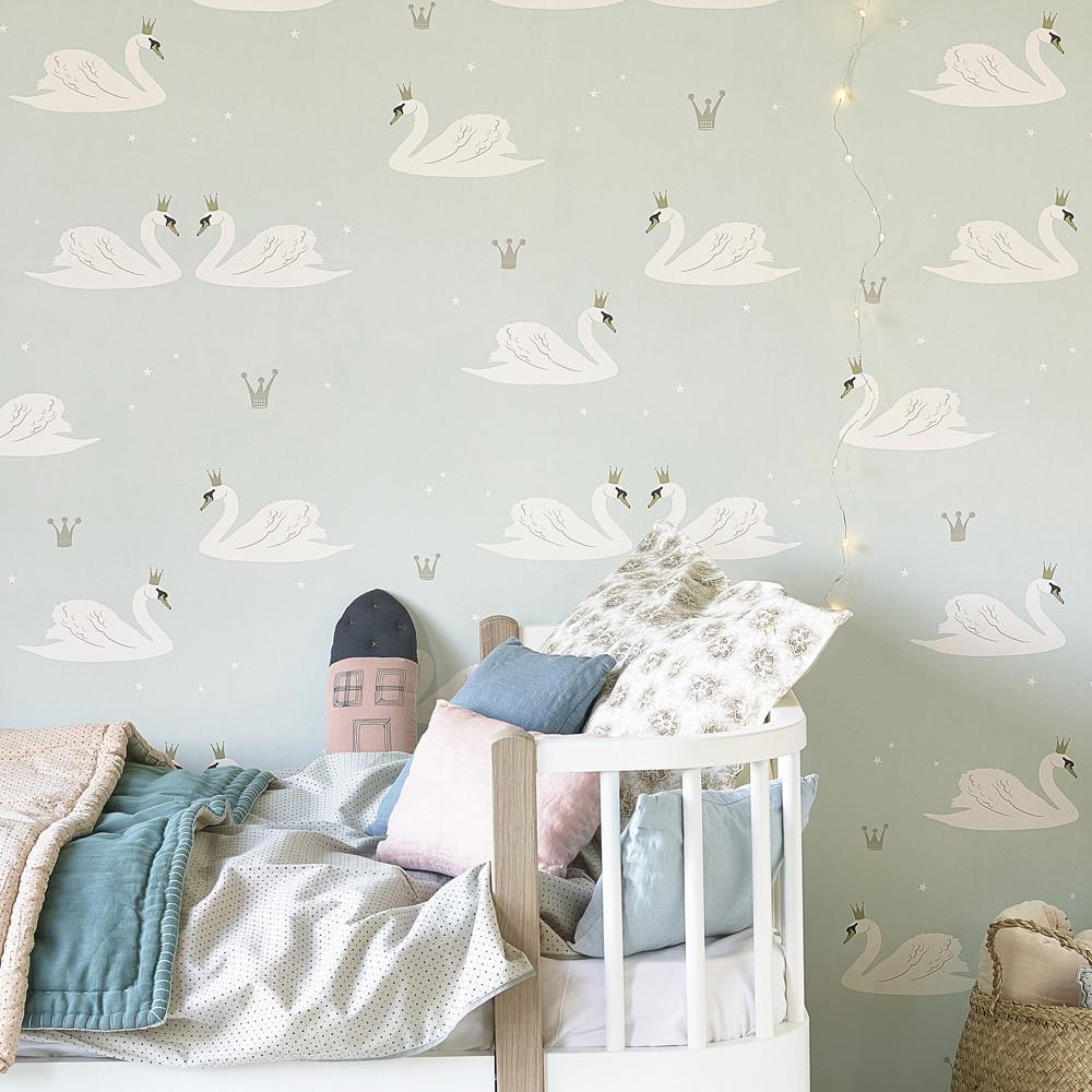 Hibou Home Wallpaper - Mint Swans