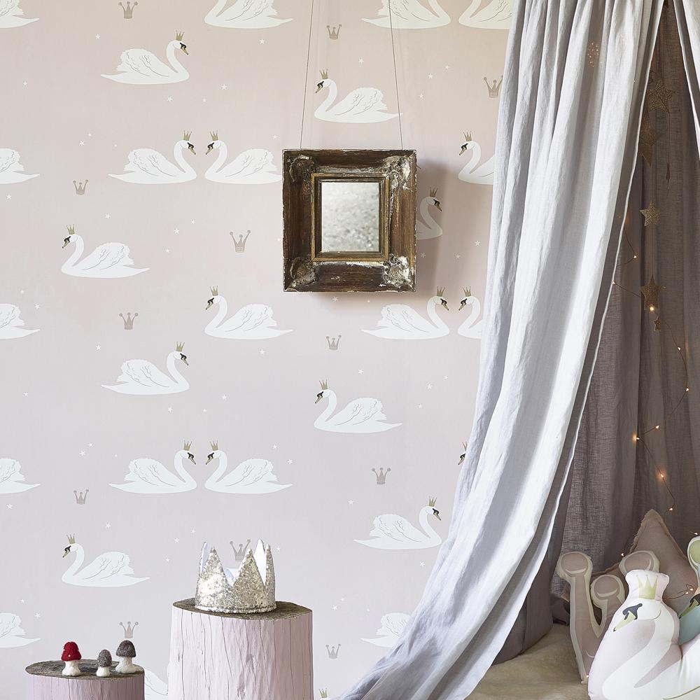 Hibou Home Wallpaper - Pale Rose Swans