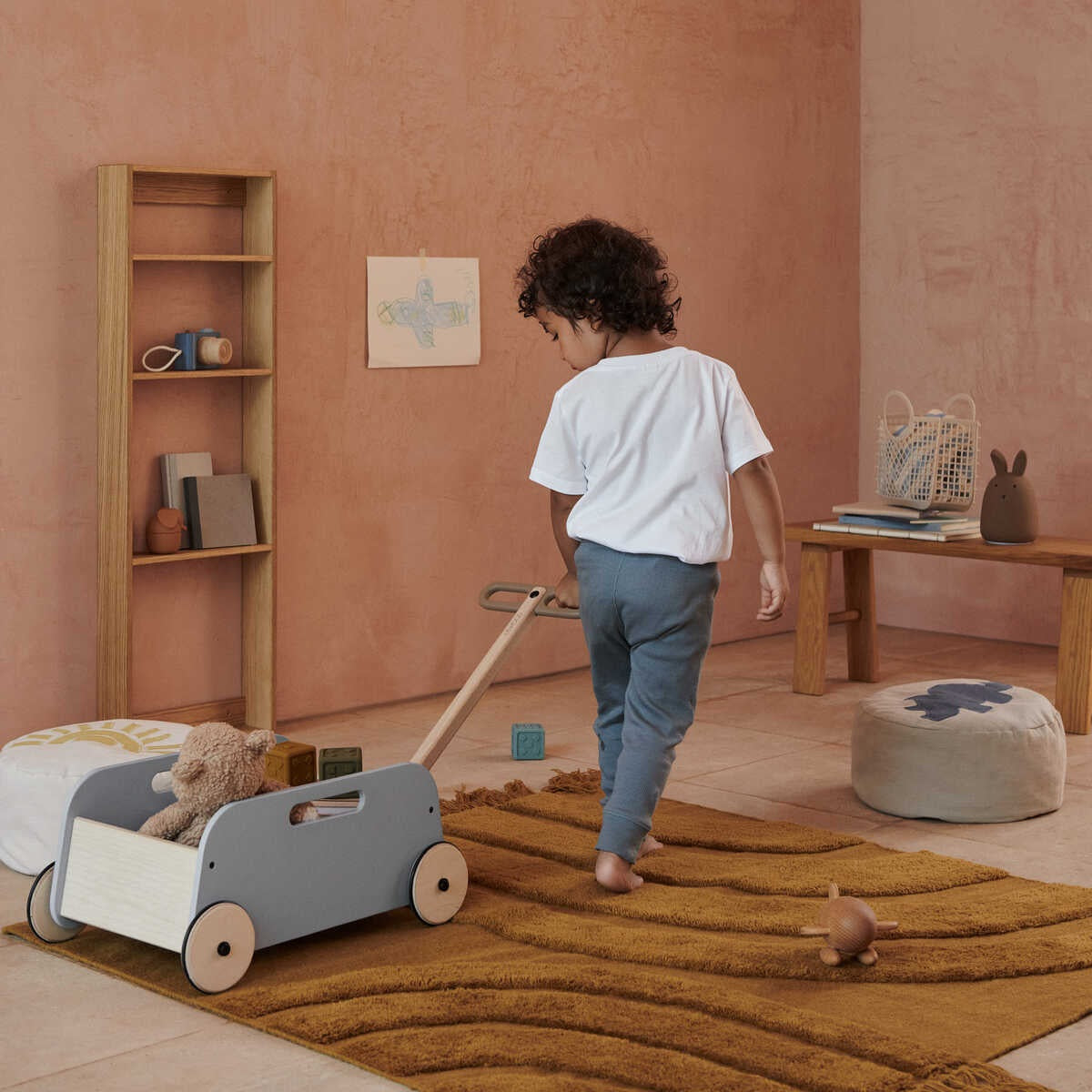 Liewood Tyra Wooden Wagon - Sea Blue/Oat Mix