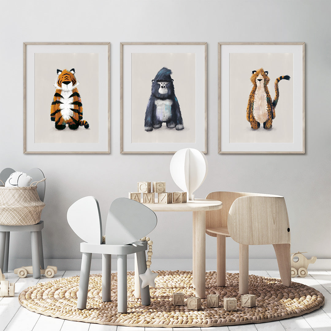 Tigercub Prints Neutral Jungle Safari Animal Nursery Prints Set of 3