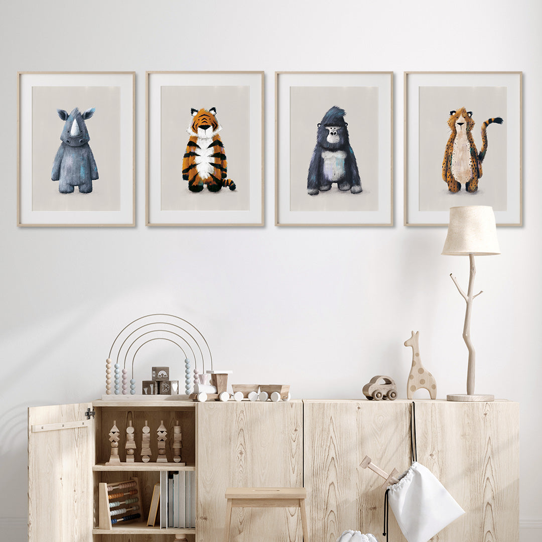 Tigercub Prints Neutral Jungle Safari Animal Nursery Prints Set of 4 (2 Sizes Available)