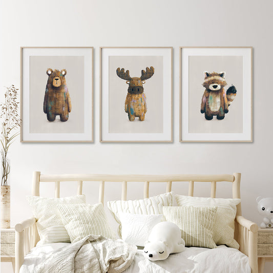 Tigercub Prints Neutral Woodland Animals Nursery Prints Set of 3 (3 Sizes Available)
