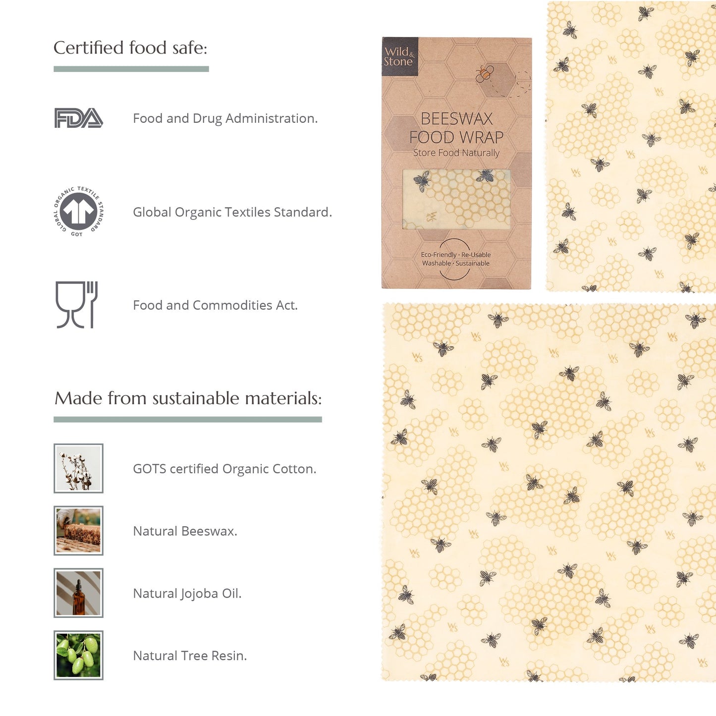 Wild & Stone Beeswax Eco Food Wraps - Honeycomb - 3 Pack