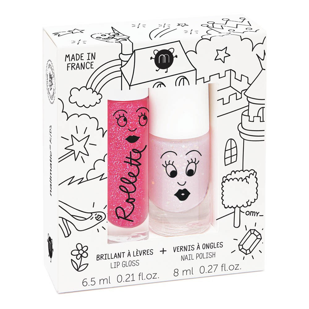 Nailmatic Natural Lip Gloss & Varnish Duo - Fairytales (Raspberry/Powder Pink Glitter)