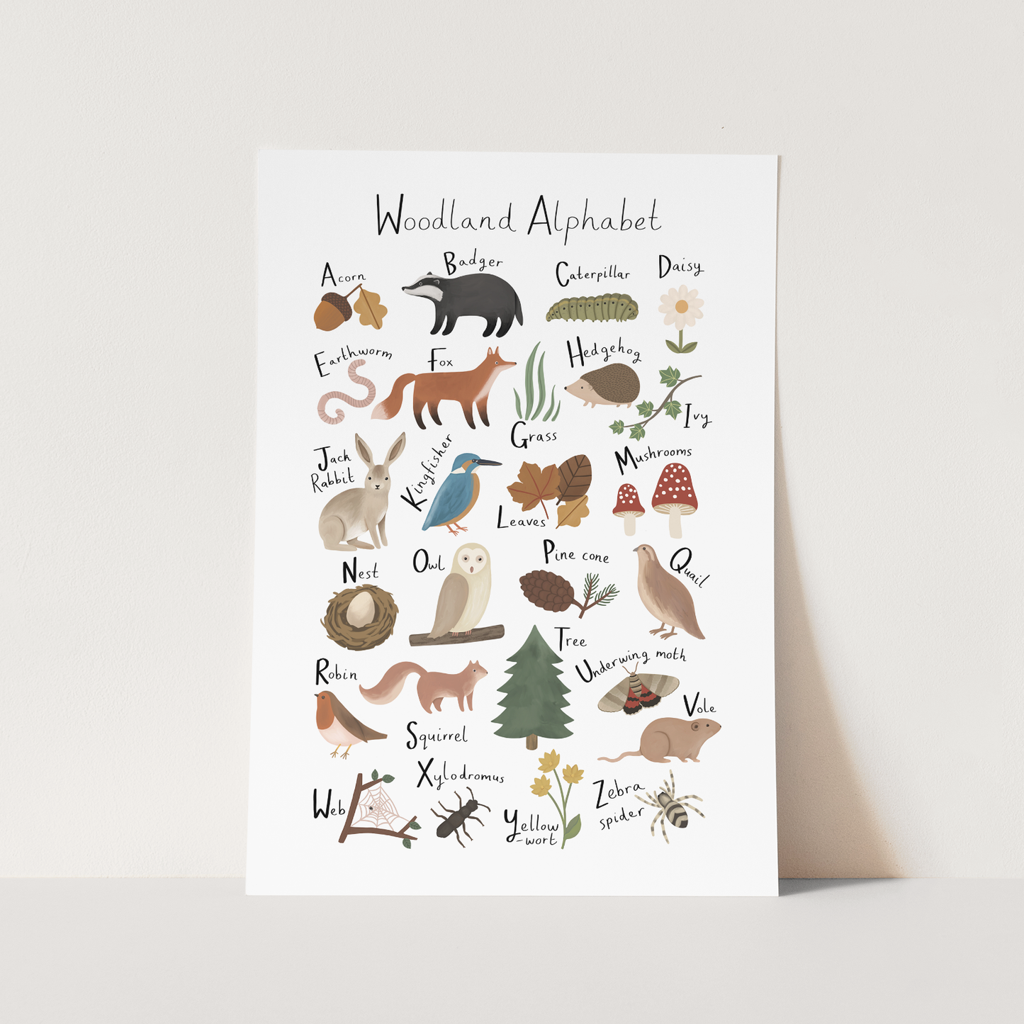 Woodland Alphabet Art Print In White by Kid of the Village (6 Sizes Available)
