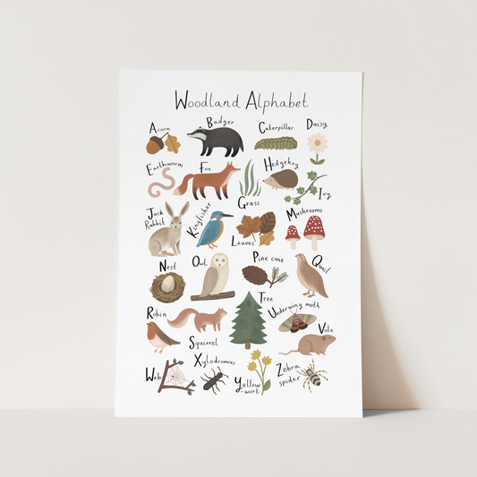 Woodland Alphabet Art Print In White by Kid of the Village (6 Sizes Available)