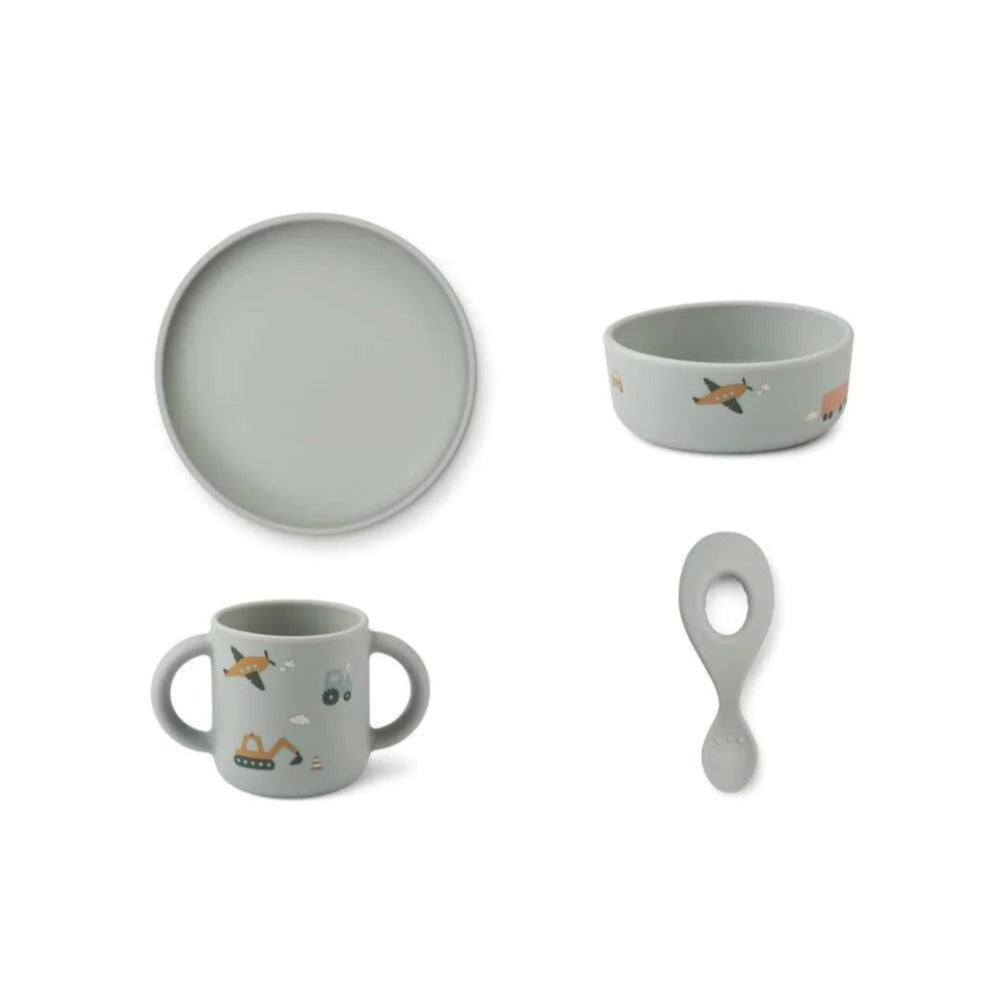 Liewood Vivi Silicone Baby Tableware Set - Vehicles/Dove Blue Mix