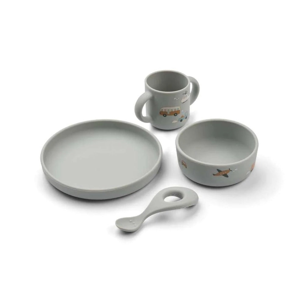 Liewood Vivi Silicone Baby Tableware Set - Vehicles/Dove Blue Mix