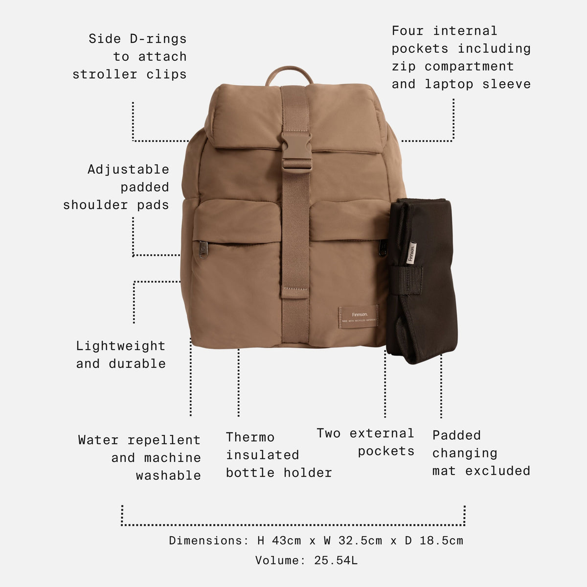 Finnsøn ELISE Eco Changing Backpack with Changing Mat - Mocha