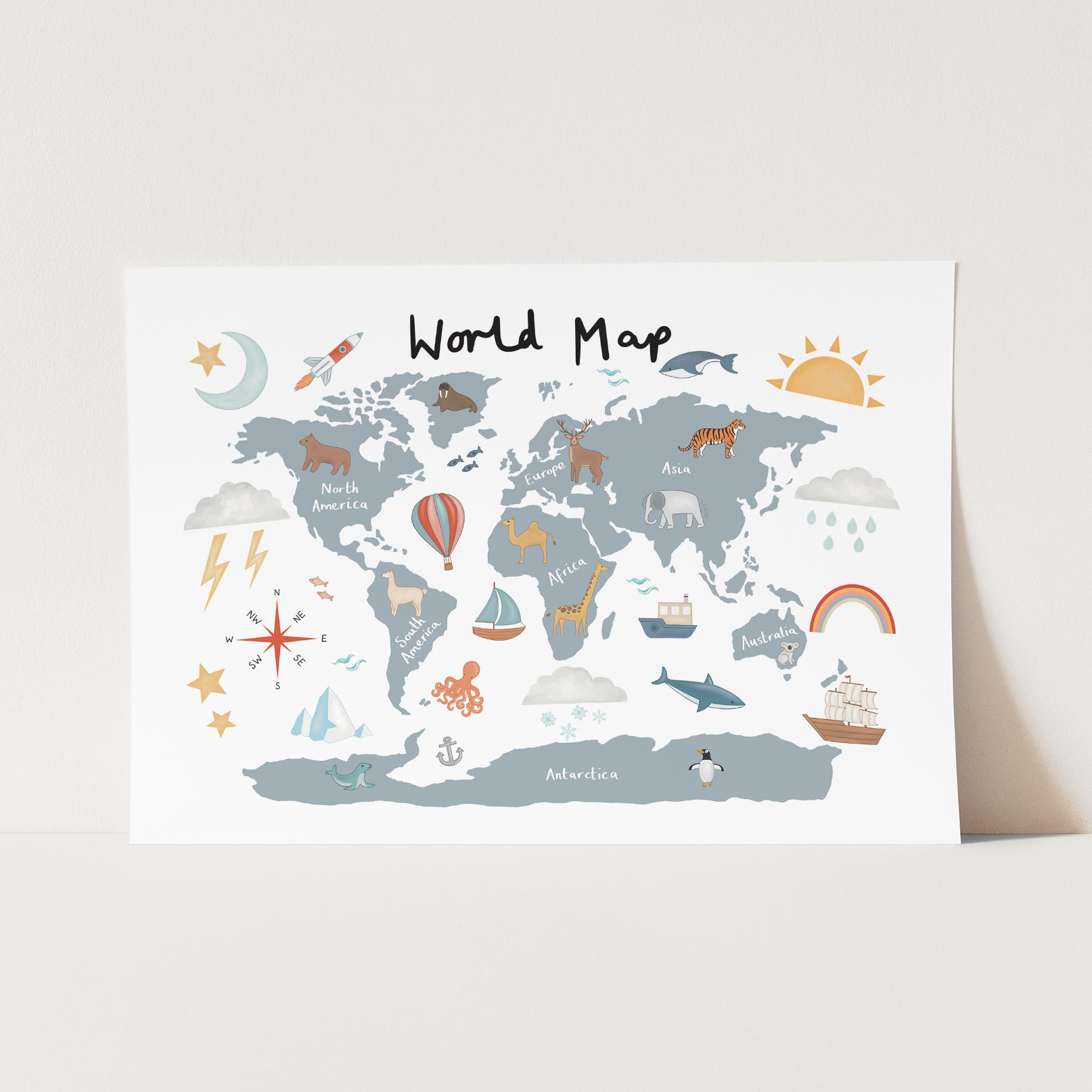 Kid of the Village World Map Art Print - Blue