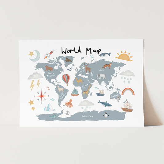 Kid of the Village World Map Art Print - Blue