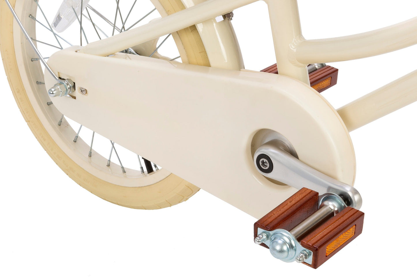 Close-up of a bicycle's kickstand and rear wheel on a white background
