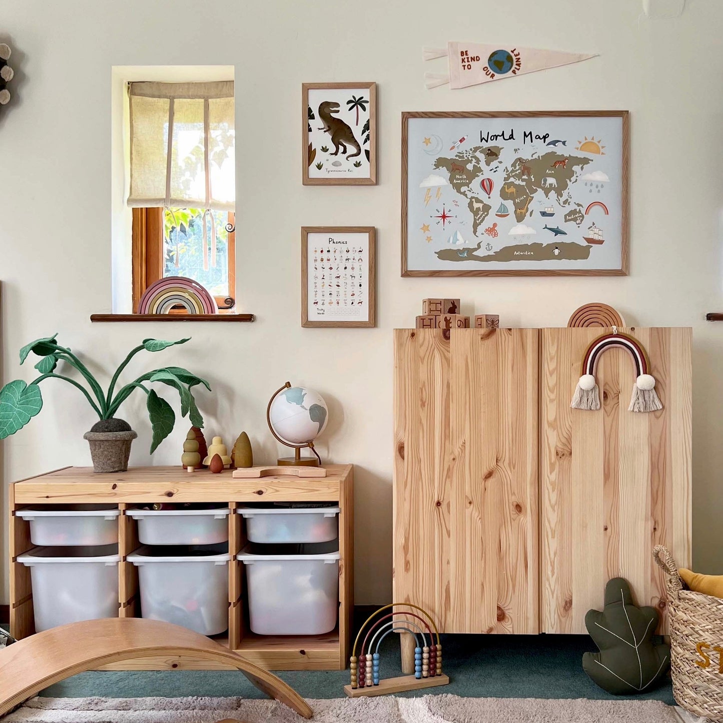 Kid of the Village World Map Art Print - Khaki/Blue