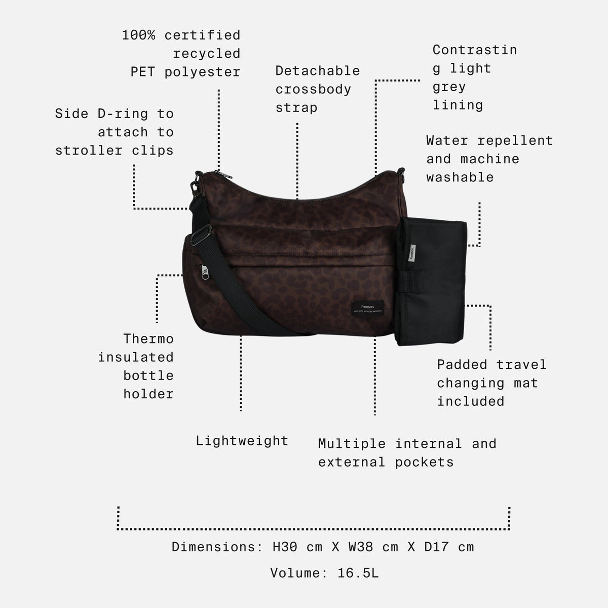 Finnsøn CLARA Eco Changing Bag with Changing Mat - Chocolate Leopard