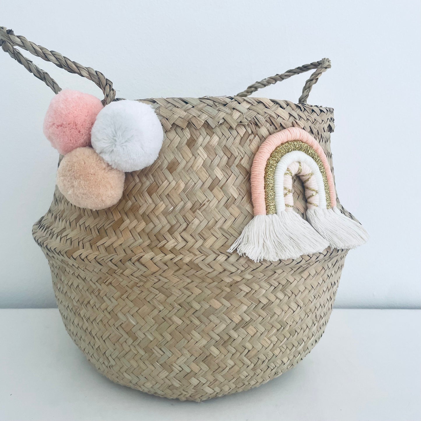 Bellybambino Macrame Rainbow Pom Pom Seagrass Basket - Large