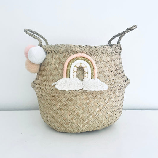 Bellybambino Macrame Rainbow Pom Pom Seagrass Basket - Large