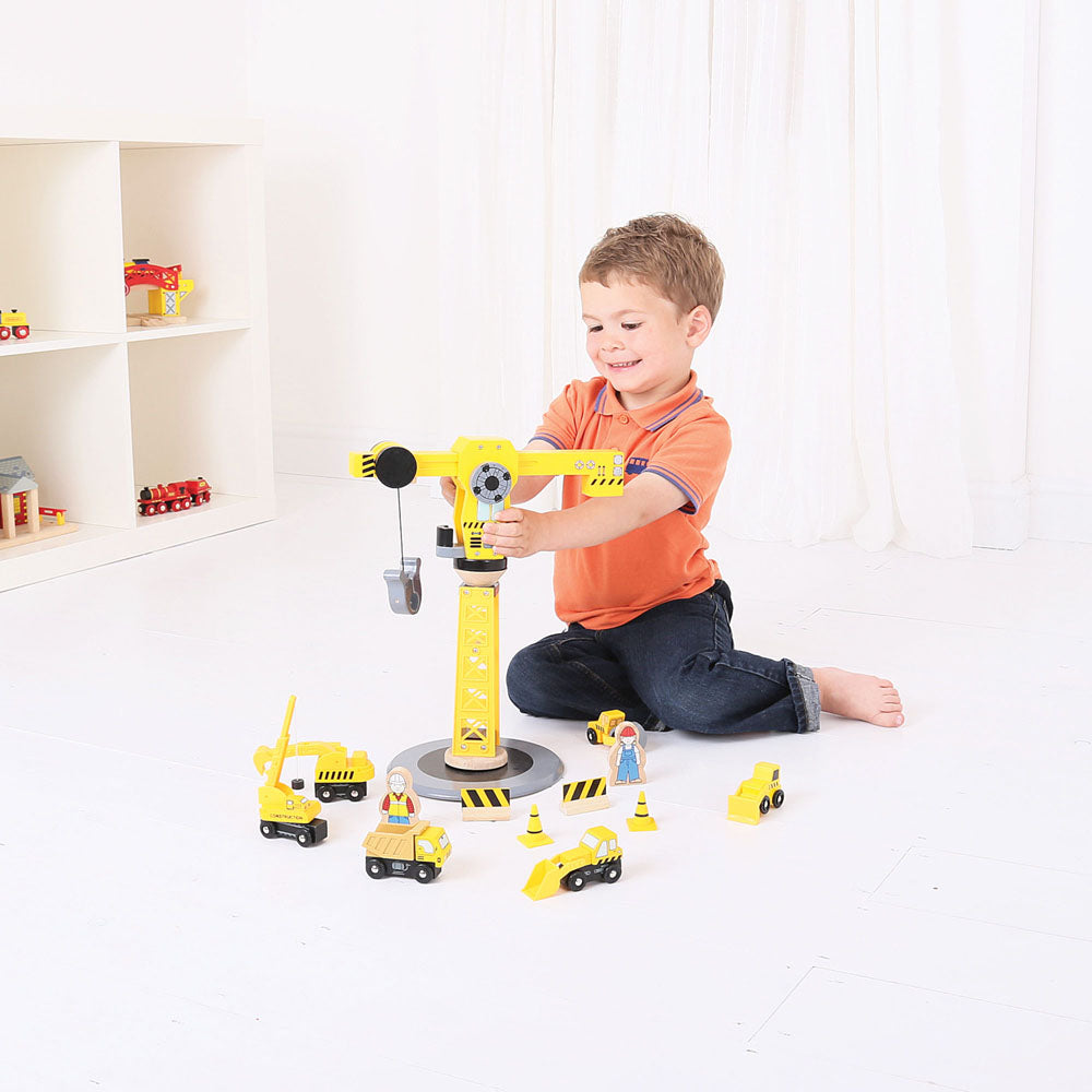 Bigjigs Rail Wooden Yellow Crane Construction Set