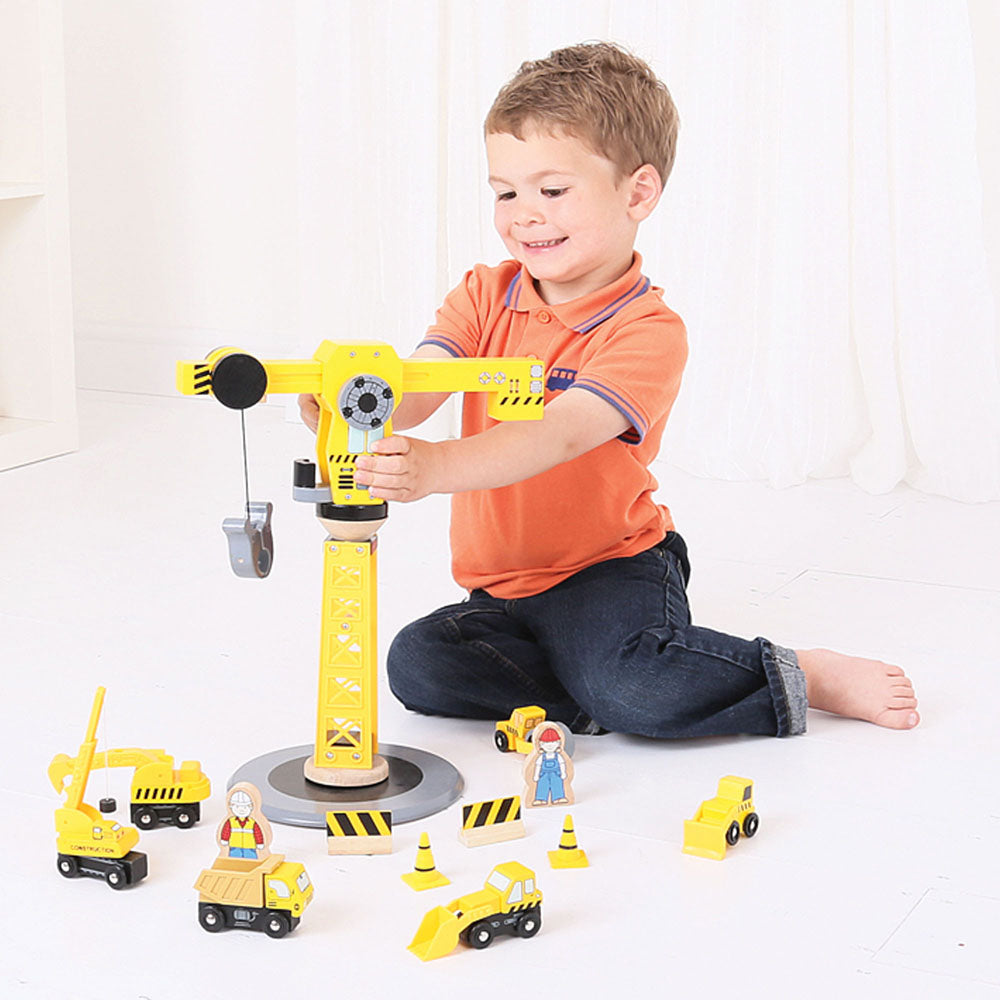 Bigjigs Rail Wooden Yellow Crane Construction Set
