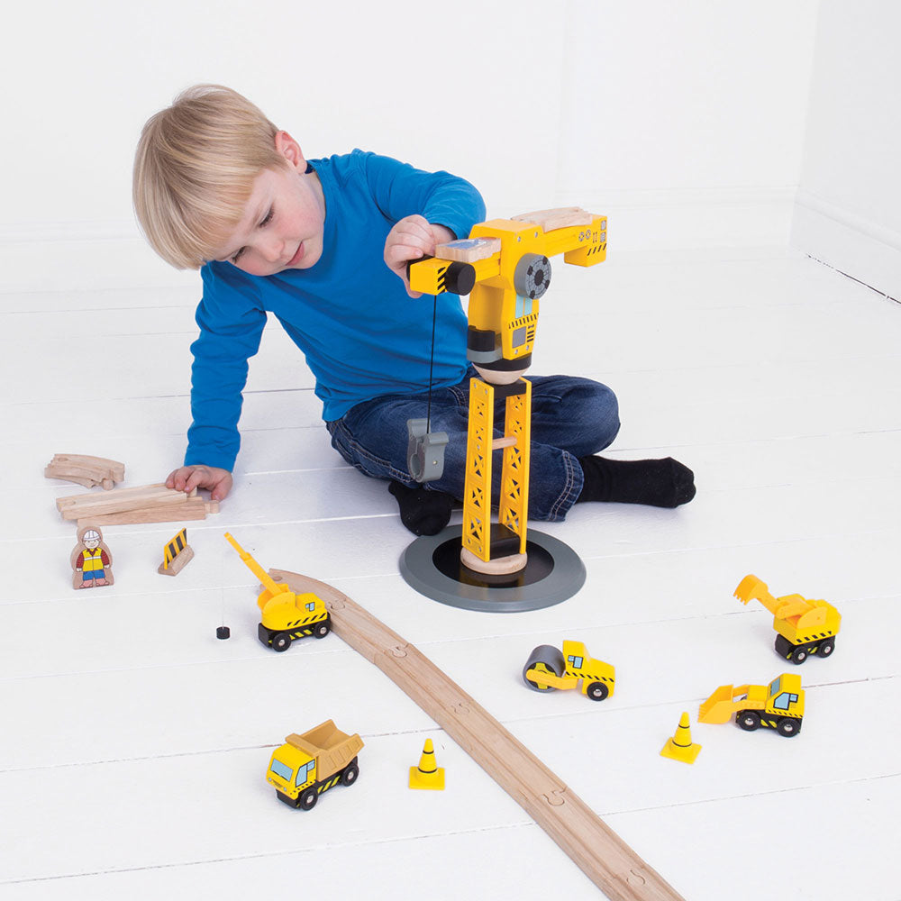 Bigjigs Rail Wooden Yellow Crane Construction Set