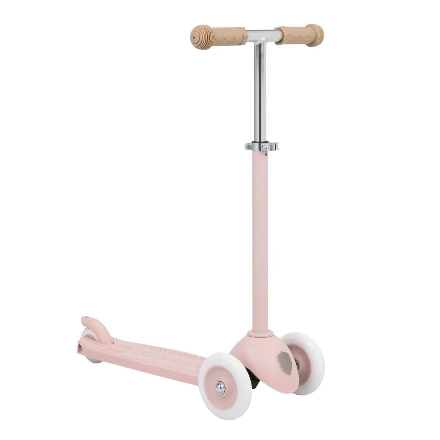 Pink scooter with wooden handlebar on a white background