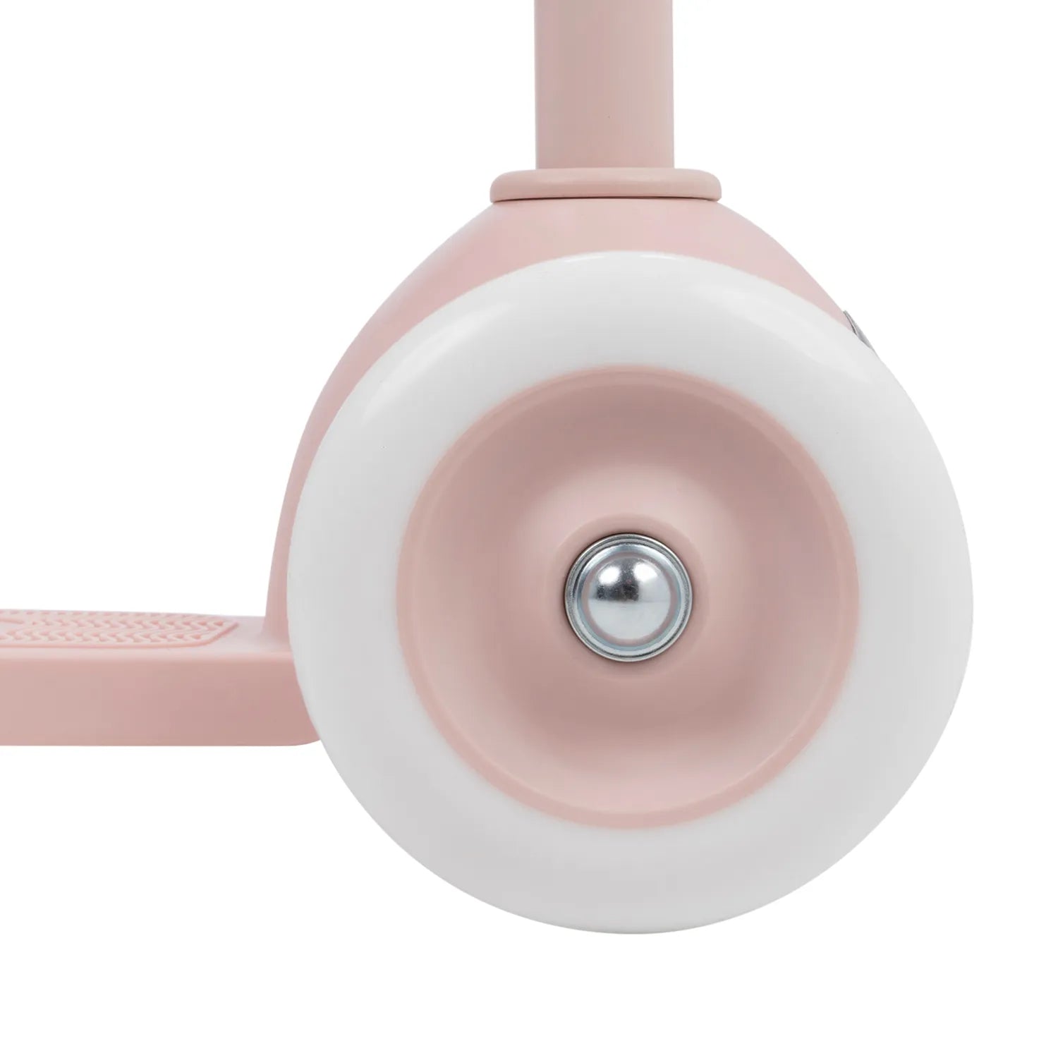 Close-up of a pink and white scooter wheel on a white background