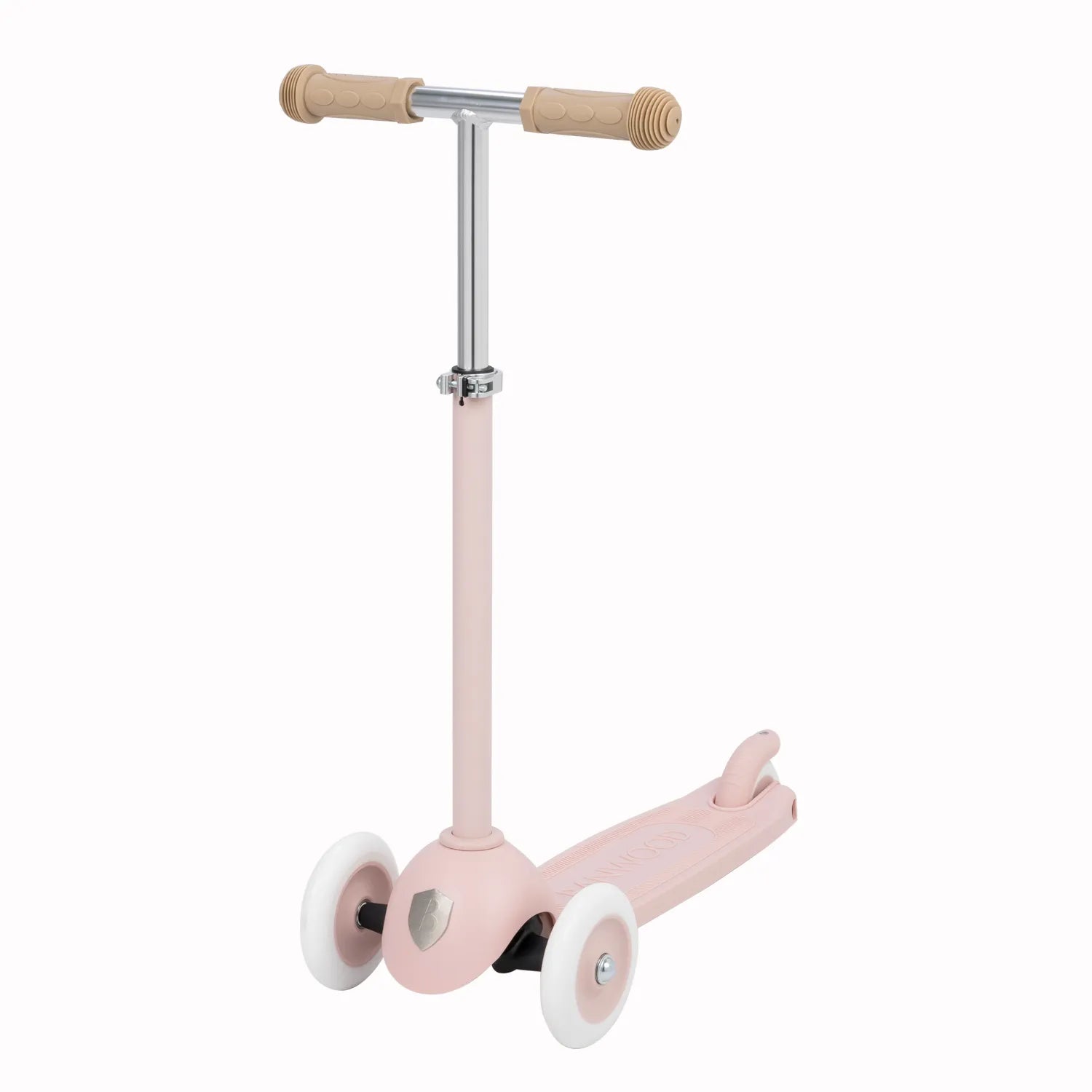 Pink children's scooter with wooden handlebar on a white background
