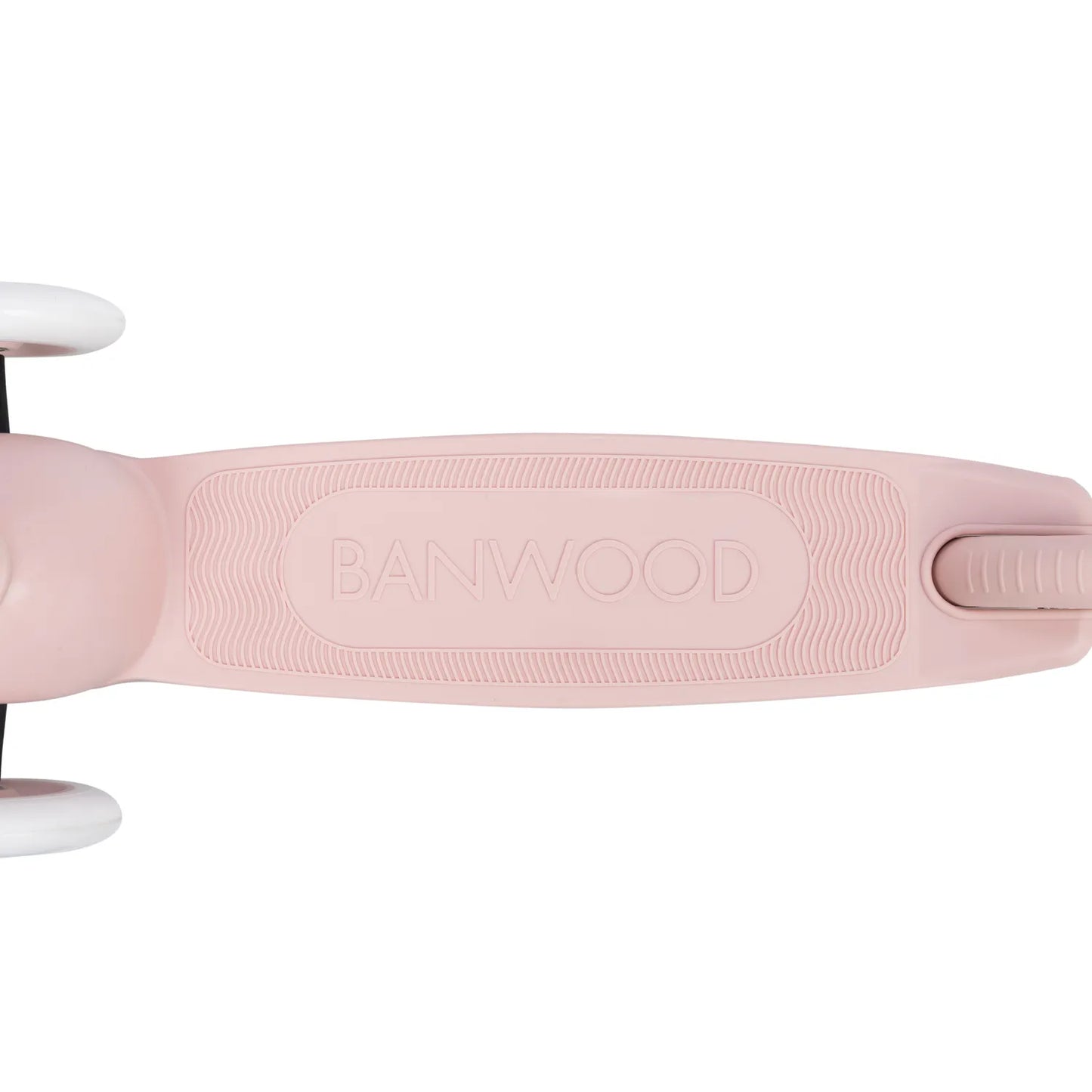 Close-up of a pink scooter handle with 'Banwood' branding on a white background
