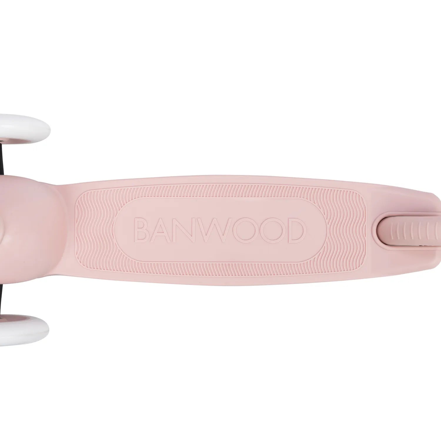 Close-up of a pink scooter handle with 'Banwood' branding on a white background