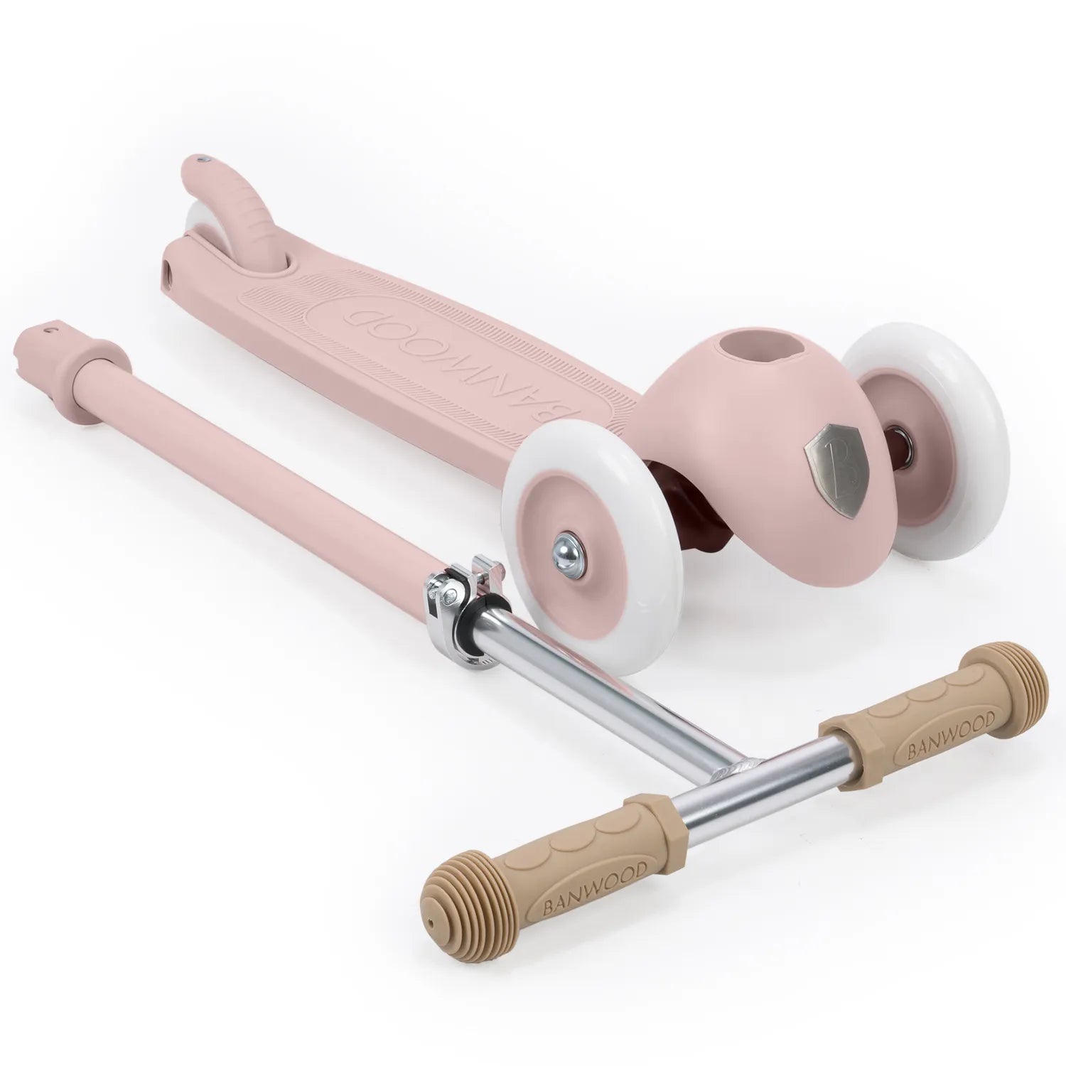 Pink scooter with beige handlebar on a white background