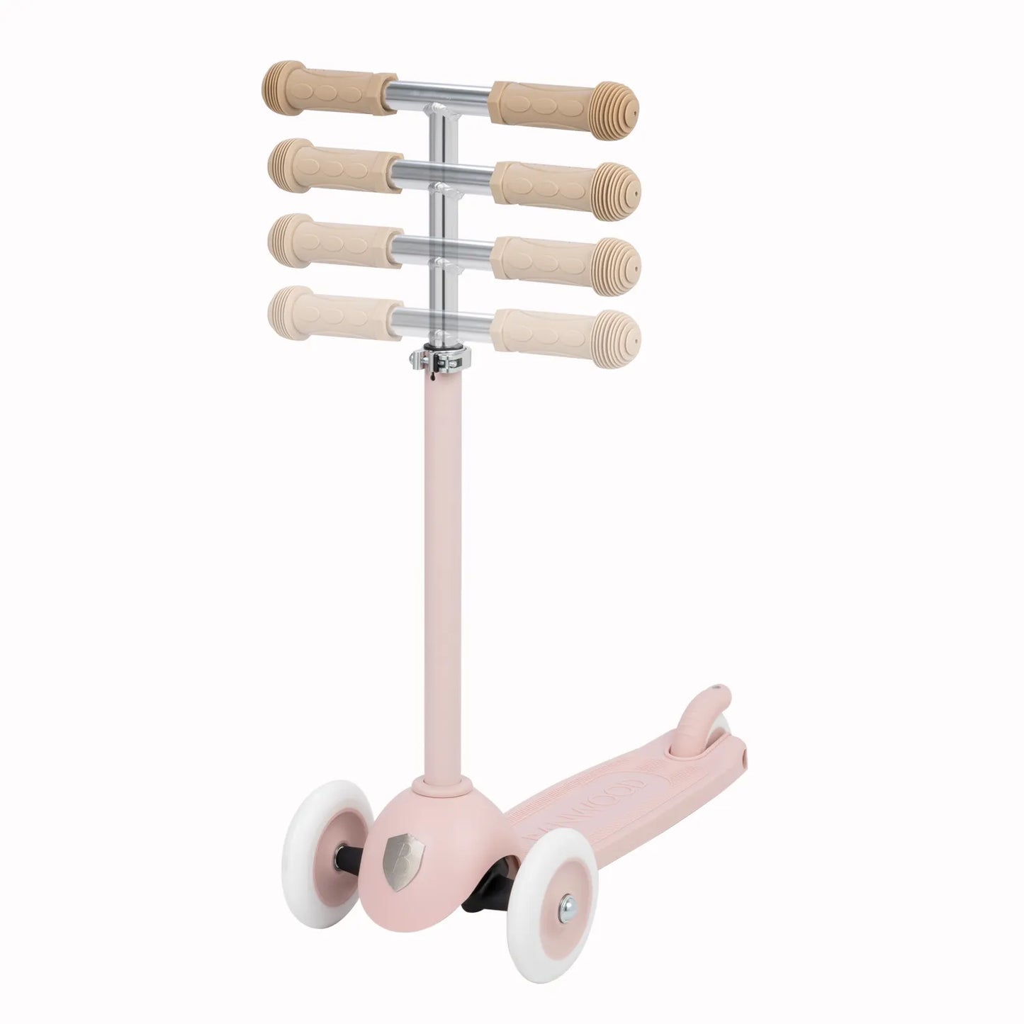 Pink children's scooter with beige handles on a white background
