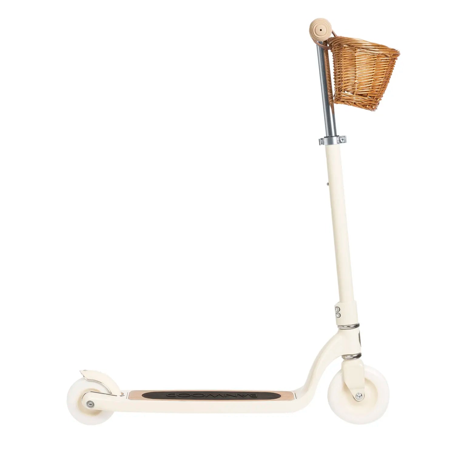 White scooter with a wicker basket on a white background