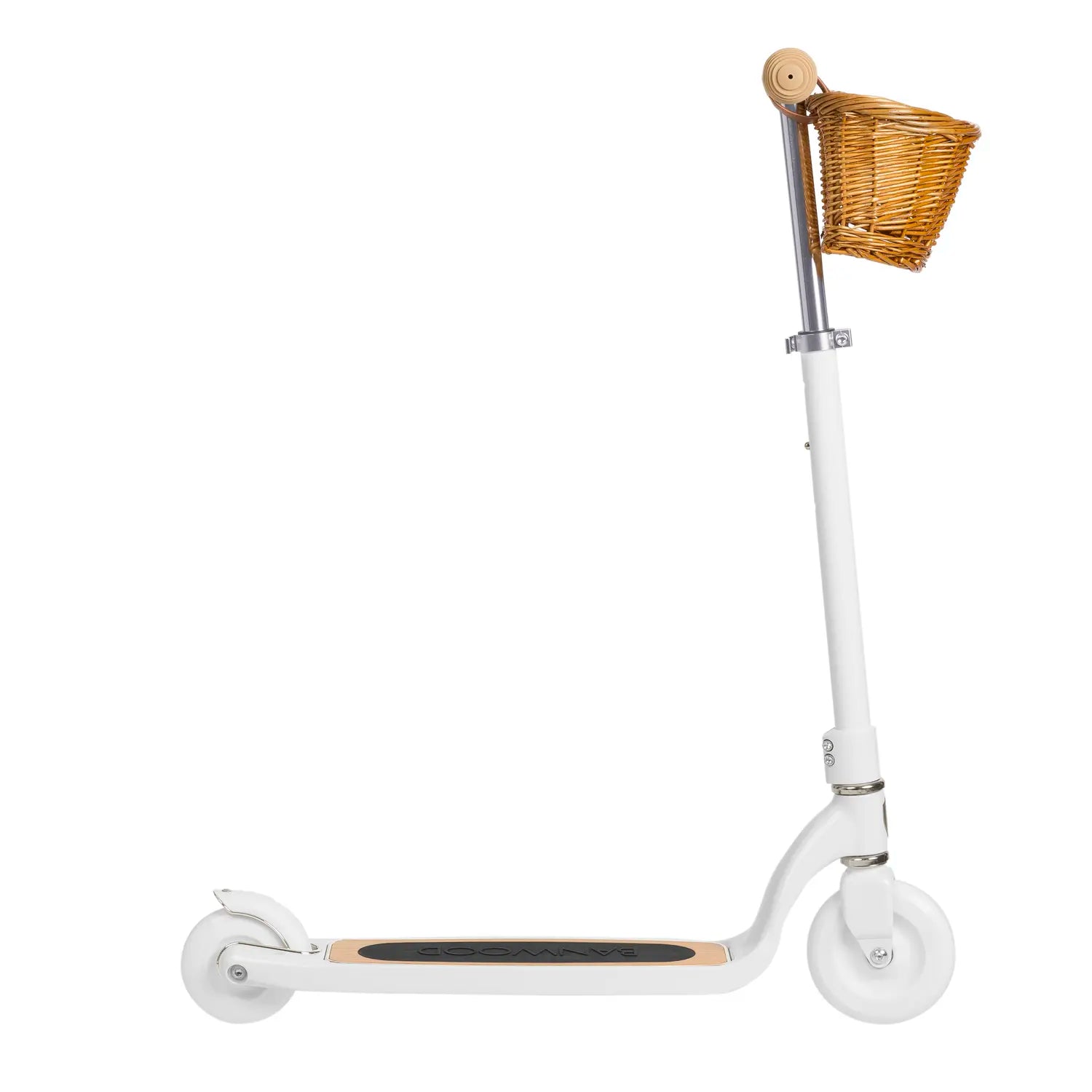 White scooter with a wicker basket on a white background