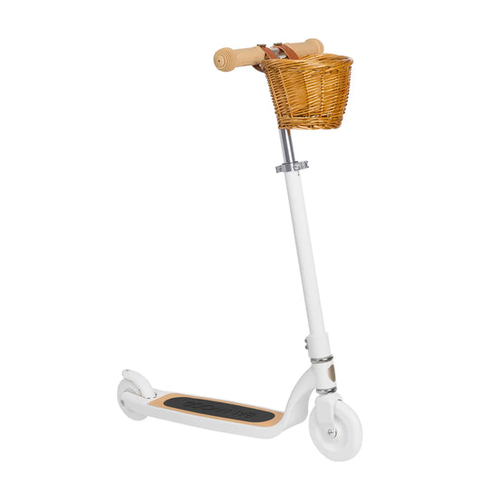 White scooter with a wicker basket on a white background