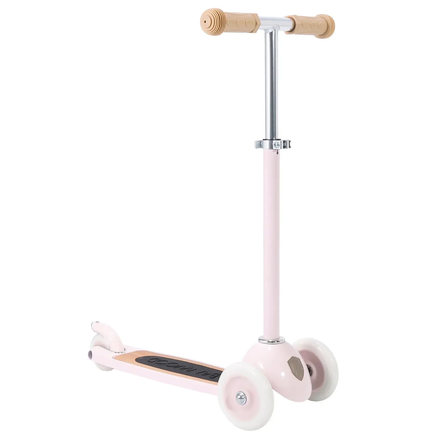 Pink scooter with wooden handlebar and deck on a white background