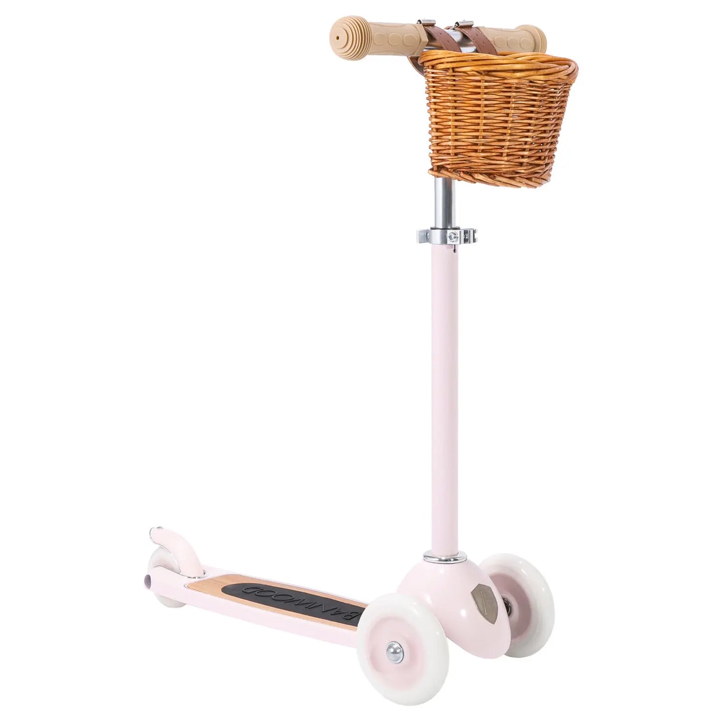 Pink scooter with a wicker basket on a white background