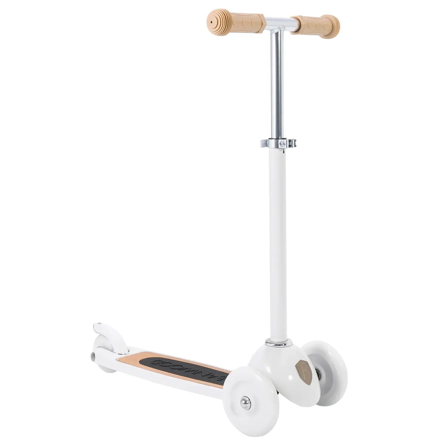 White scooter with wooden handlebar and deck on a white background