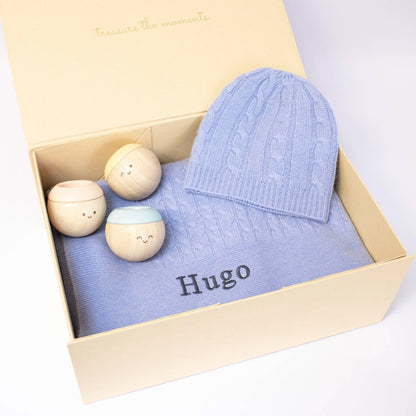 Blue Cashmere & Sensory Balls Personalised Baby Gift Set by The Baby Gifting Co.