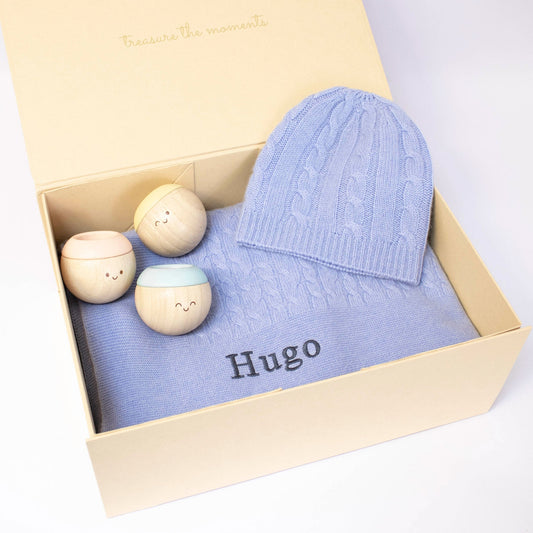 Blue Cashmere & Sensory Balls Personalised Baby Gift Set by The Baby Gifting Co.